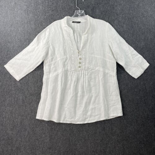 Lungo L'Arne Top Women's Small White Linen Lagenlook Boho Peasant Tunic - Picture 1 of 7