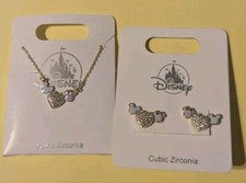 New Disney Parks Jeweled Heart  Blue  Pink Mickey Earrings  Necklace Set