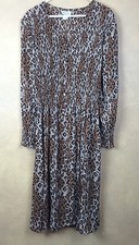 Maxi Leopard Dress Long Sleeve Pleated Bodice Mid Calf VINTAGE 