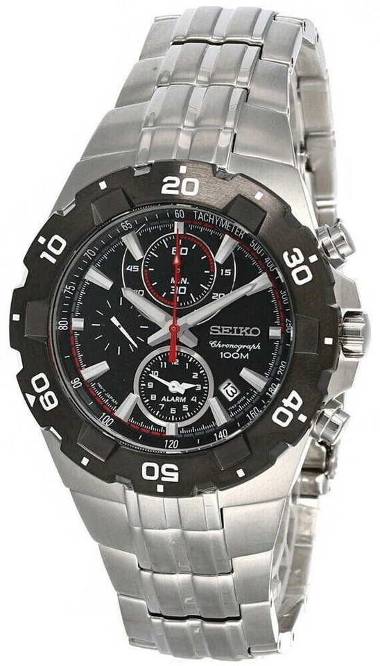 Seiko Chronograph Stainless Steel Black Dial Men's Watch SNAD35