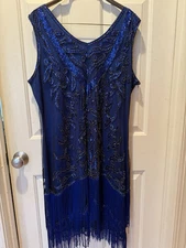 Unique Vintage Blue Beaded Flapper Style Midi Dress With Fringe Hem; Size XXL