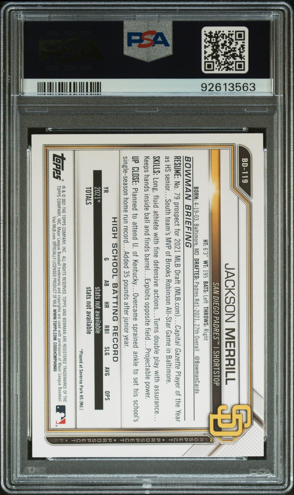 Graded 2021 Topps Bowman Draft Jackson Merrill #BD119 RC Card PSA 10 view 2