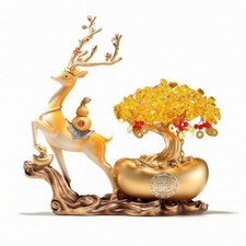 Hirsch-Statue mit Geldbaum Golden Geldbaum-Skulptur Goldfarben f&uuml;r B&uuml;ro,
