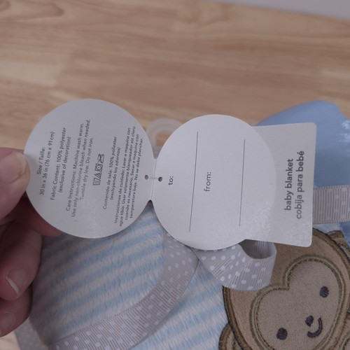 Carters Monkey Baby Blanket Blue White Stripes Brown Bottom Satin Trim NEW - Picture 2 of 5