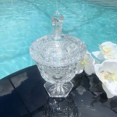 Elegant Vintage Cut Crystal Sugar Bowl with Lid   7  Tall