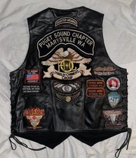 VTG First Black Harley Owners Puget Sound Wa. Motorcycle Leather Vest Patches XL