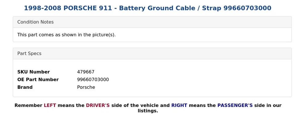 Porsche 911 1998-2008 - Cable de tierra de batería / correa 99660703000 Foto 4 de 4