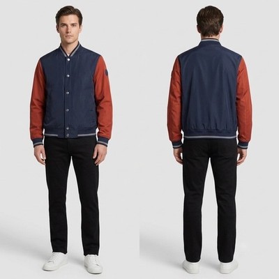 Michael Kors Men's Colorblock Varsity Jacket Navy Orange Bomber Size Small
