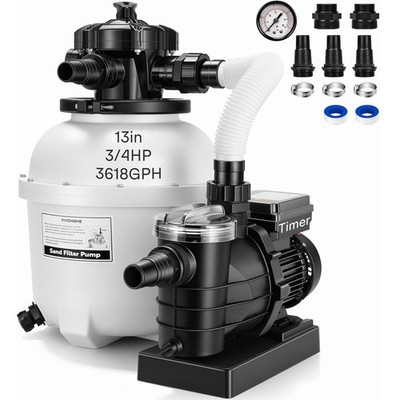 13'' Sand Filter Pump 0.75HP 3618GPH Pool Filter System w/ 24H Timer 6 Way Valve