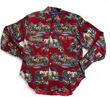 Ralph Lauren Rojo Caballo Ecuestre Perro Caza Patrón Camisa Rayón Blusa De Colección 10