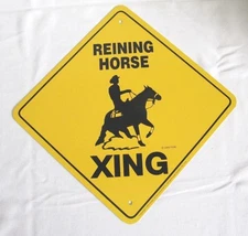 REINING HORSE CROSSING YELLOW WARNING METAL HANGING SIGN