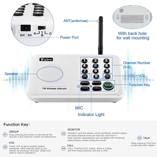 Wuloo 10Channel Call ALL FM Wireless Intercom System for Home Room 1Mile Talking