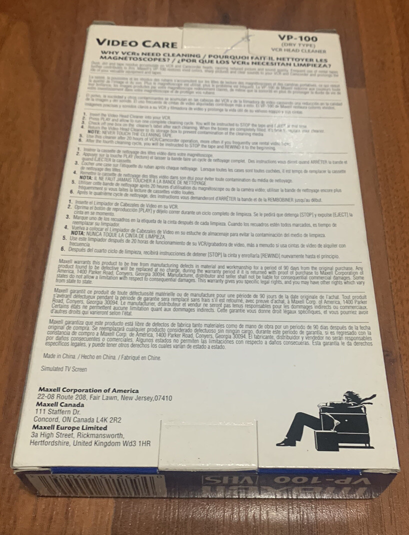 Maxwell VCR Head Cleaner Camcorder Compatible VHS VP100 Dry Tape Used