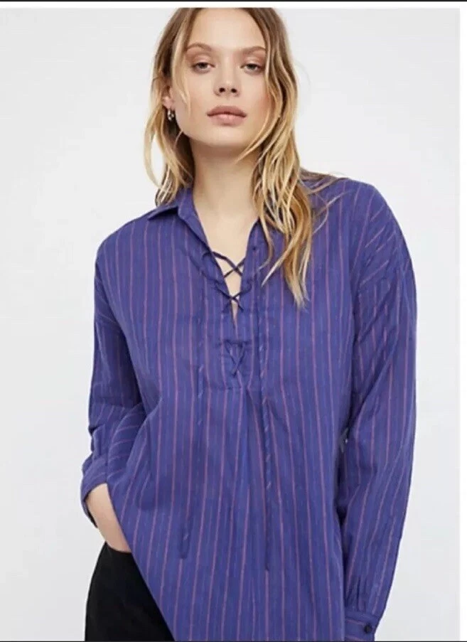 FREE PEOPLE UNDER THE BOARDWALK BLOUSE XS LACE UP BLUE Pirate Shirt NWT