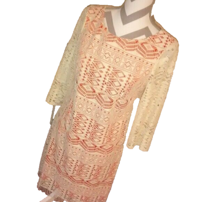 Jessica Howard Ivory Orange Overlay Lace Fringe Hem 3/4 Sleeve Sheath Dress 18W