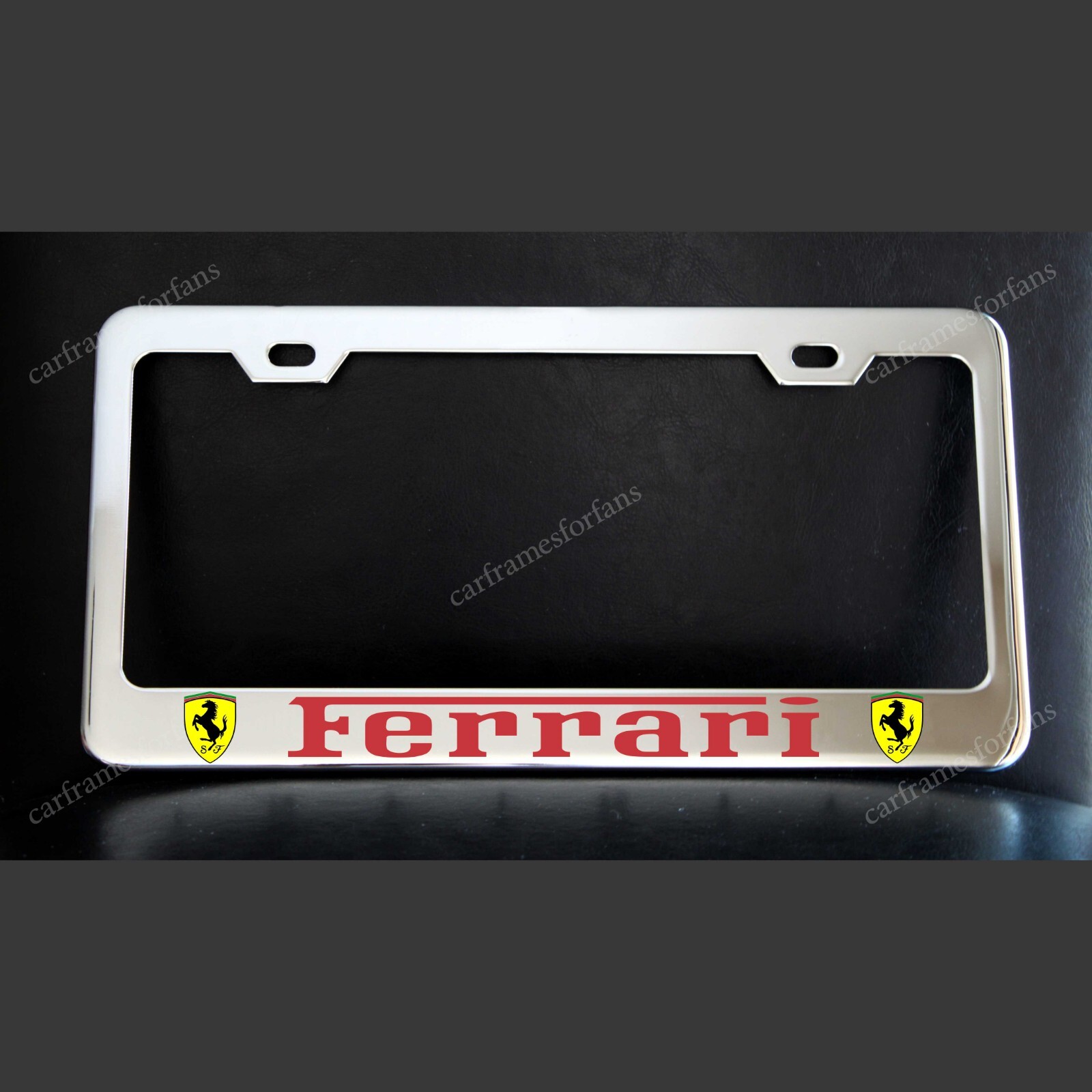 Red FERRARI License Plate Frame, Custom Made of Chrome Plated Metal