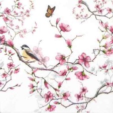 4x Single Paper Napkins for Decoupage and Party - Bird & Blossom White