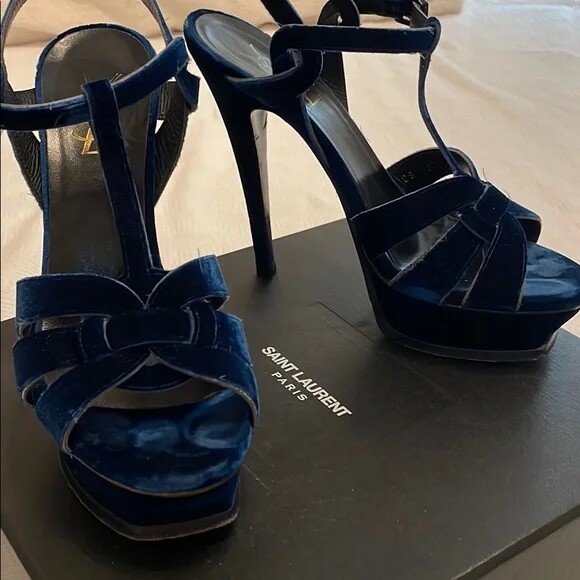 Sandali YSL Saint Laurent blu pelle scamosciata tributo plateau taglia 38 con scatola originale