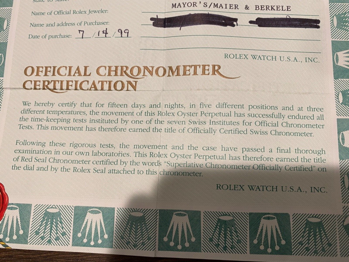 100% original Rolex reference 16610 A Warranty Paper from 1999