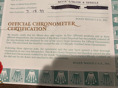 100% original Rolex reference 16610 A Warranty Paper from 1999