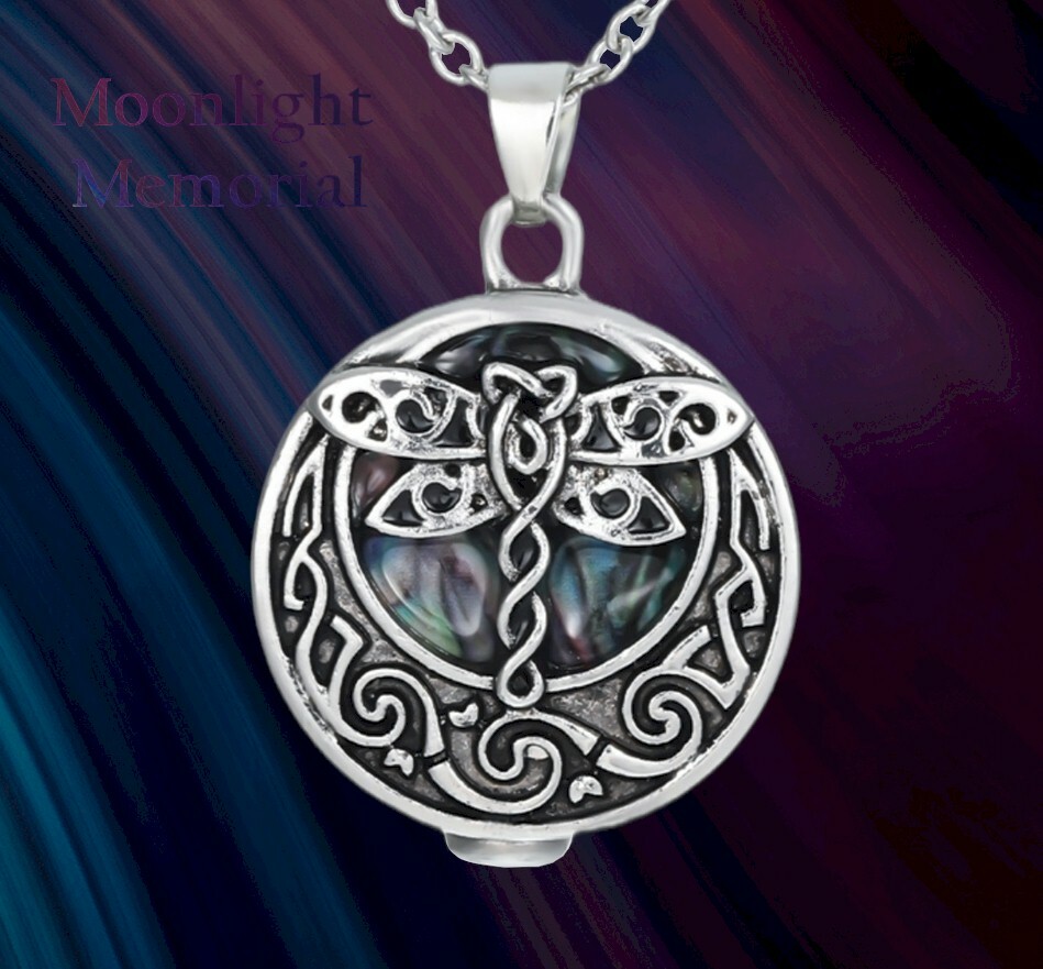 New Dragonfly Celtic Crystal Marble  Cremation Urn  Ashes Memorial Necklace