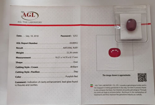 ES 22.26 ct. NATURAL RUBÌS /RUBY OVAL CUT Certified AGL Heated - Imagen 3 de 14