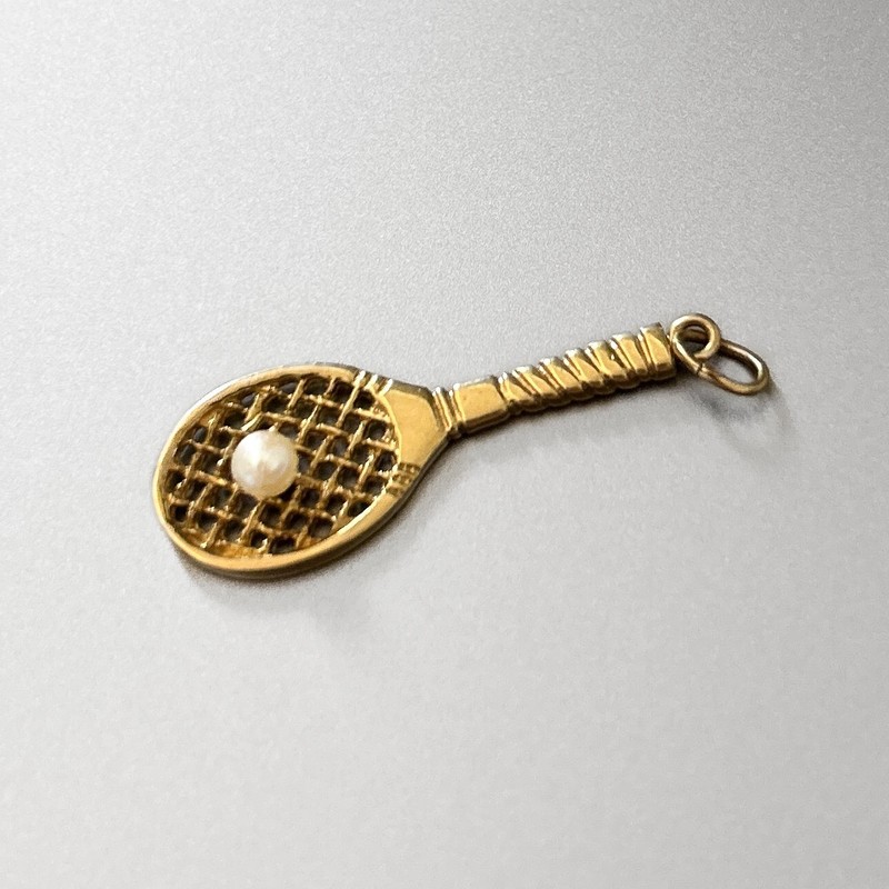 14k Yellow Gold 3D Tennis Racket with Pearl Vintage Pendant Charm 2.2g