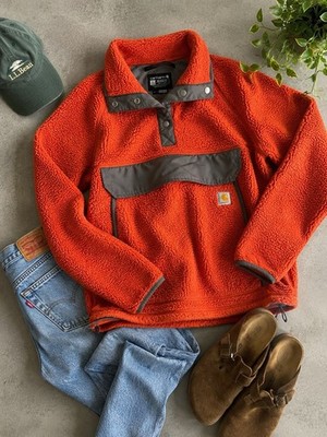 Carhartt Sherpa Fleece Pullover Orange Snap Front Workwear Jacket