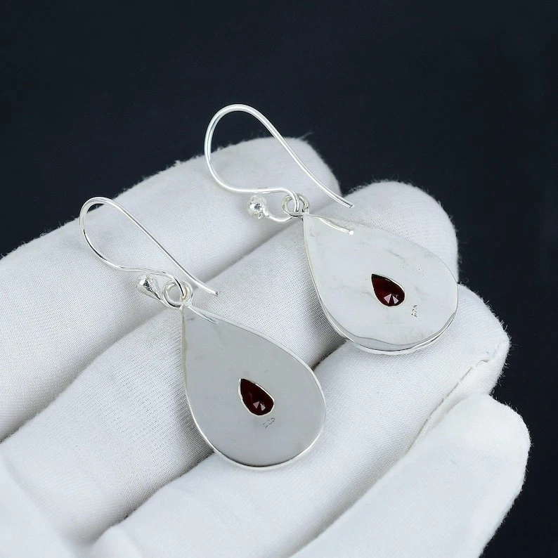 925 Sterling Silver Red Garnet Gemstone Dangle Earring Jewelry Handmade Jewelry - Image 4 of 4
