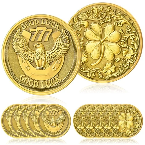 12 Pcs Lucky Coin Set - Gold Four Leaf Clover, Horseshoe & Eagle Charms, Good Lu