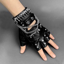 Women Biker Bowknot Leather Gloves Motorcycle Fingerless Gloves With Bracelet