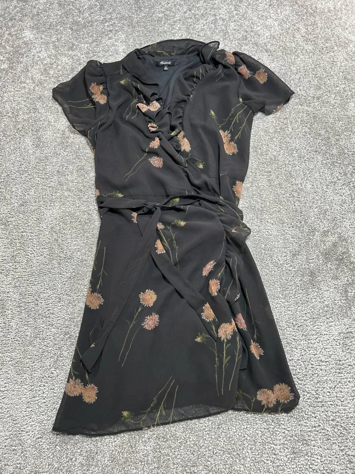 Mini Vestido Madewell Georgette Envolvente con Volantes Mujer XS Negro Floral Retrato Aster Foto 2 de 4