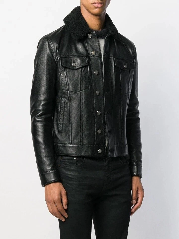 Men's Black Lambskin Leather Trucker Jacket Fur Collar Denim Style Causal Jacket