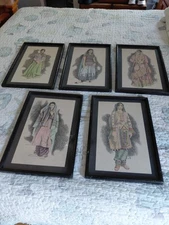SET of 5 Pen/Ink Drawings Indian/Pakistan Women by BASHAM 1960'S/70'S 18"×12" ea