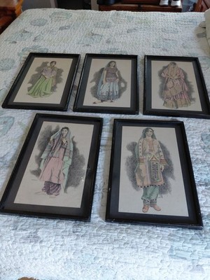 SET of 5 Pen/Ink Drawings Indian/Pakistan Women by BASHAM 1960'S/70'S 18''×12'' ea