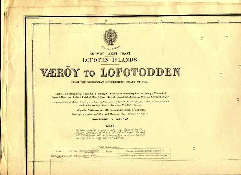 ADMIRALTY chart 1916  25x40" waters off Nordland  Værøy-Lofotodden  original WWI