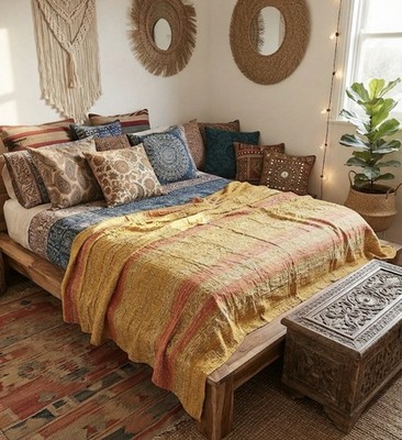 100% Baumwolle Wende Vintage Indisch Kantha Sari Quilt Decke Überwurf Handarbeit 