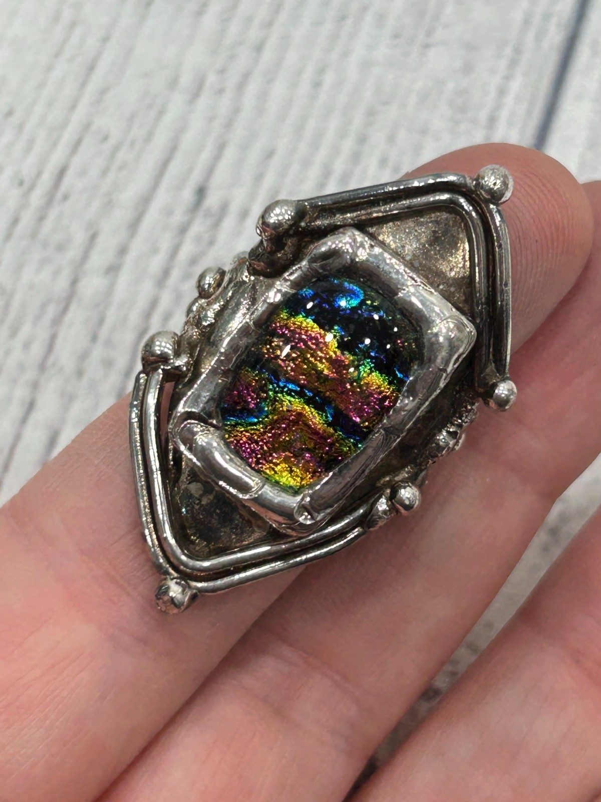 Artisan Dichroic Glass Statement Ring Silver Tone… - image 6