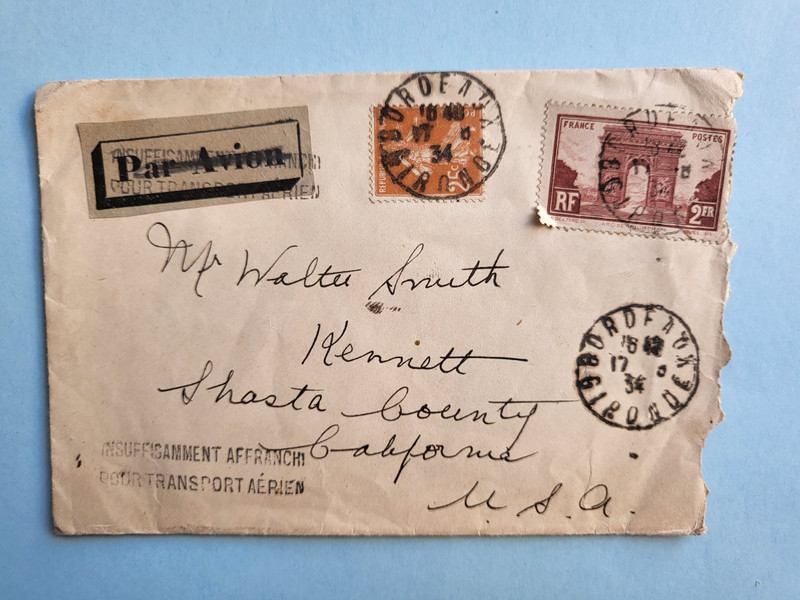 par Avion france stamps postal cover insufficiant post Shasta County California