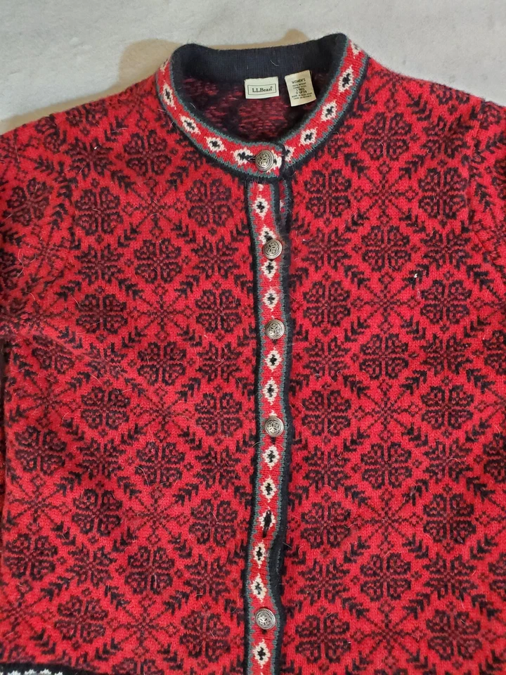 VINTAGE LL Bean Signature Cardigan Sweater Womens Sz Lg Nordic Design 100% Wool - Imagem 2 de 4