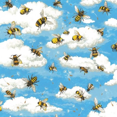 Bee Haven Blue Sky and Clouds Background Cotton Quilting Fabric 1/2 YARD