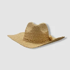 $47 Bindya New York Women's Beige Paper Straw Flat Brim Fedora Hat Size OS