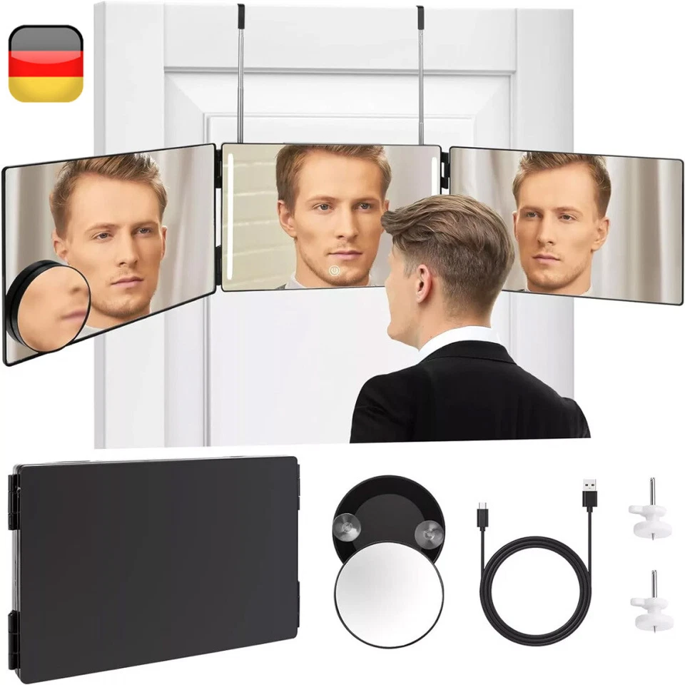 MARKENLOS 360 Grad Spiegel,wiederaufladbarer LED 3 Wege Spiegel Beleuchtung zum Haareschne