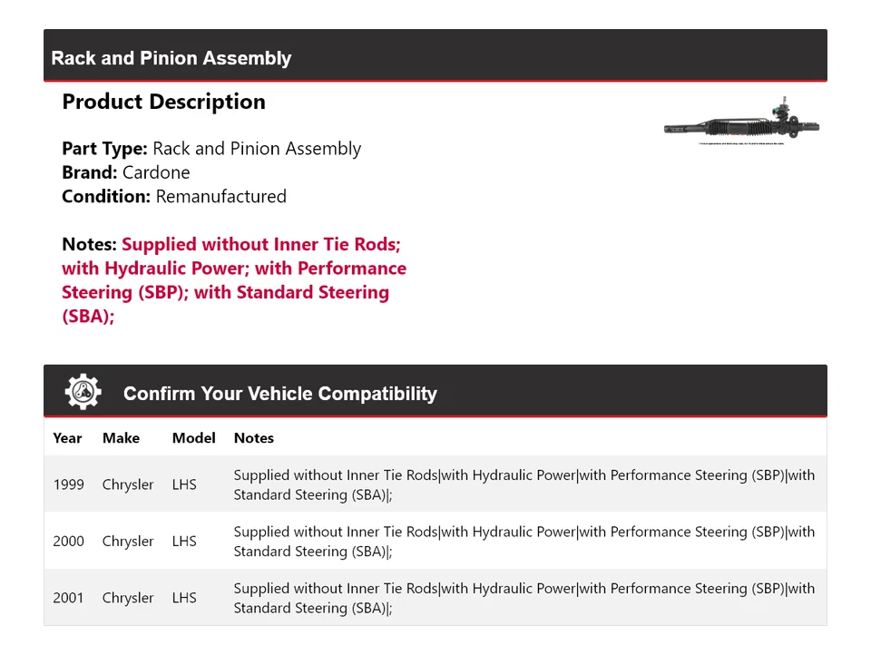 Conjunto de piñón y cremallera Cardone 2000 para Chrysler LHS 1999-2001 Foto 2 de 4