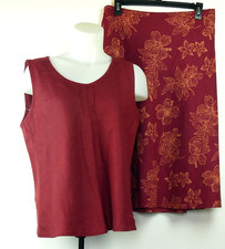 Mango Tango Dark Red Maroon Linen Tropical Floral Skirt & Top Set L Hawaii Made 