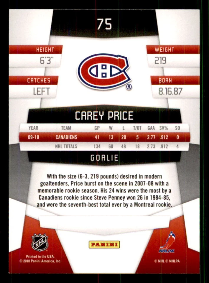 2010-11 Panini Certified #75 Carey Price Montreal Canadiens - Image 2 of 2
