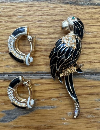 Vtg S.A.L Swan Swarovski Crystal Parrot Rhinestone Brooch & Clip Earrings - Picture 7 of 12