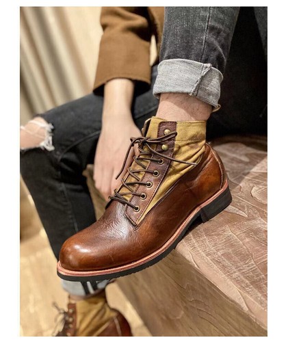 Men Casual Retro Combat Motorcycle Ankle Boots Lace Up Hiking Walking Punk Shoes - Picture 7 of 14