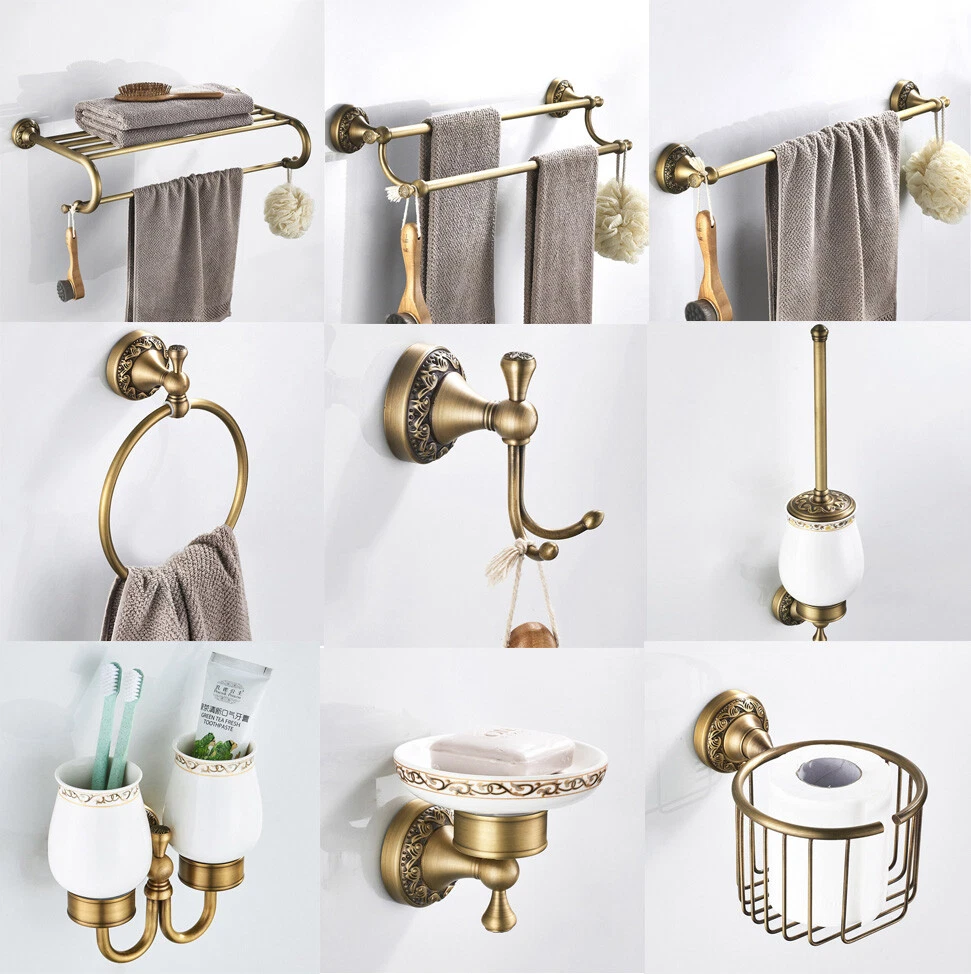 Wall Mounted Antique Brass Bathroom Accessory Set Towel Rack Toilet Roll  Holder