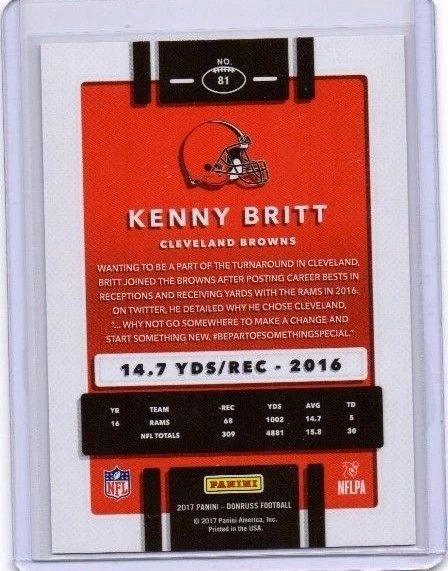 Kenny Britt  #  23  /  147  Donruss  2017  Rams  Browns  Stat Line  LIMITED CARD - Image 2 of 2